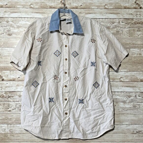 Vintage Capacity Button Front Blouse L Beige Brown Striped Embroidered Cottage - Picture 1 of 8